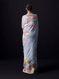 Greyish blue floral saree with golden zari border