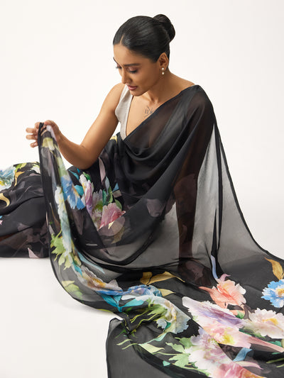 Black abstract floral saree