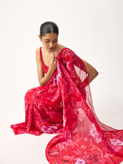 Red abstract floral saree