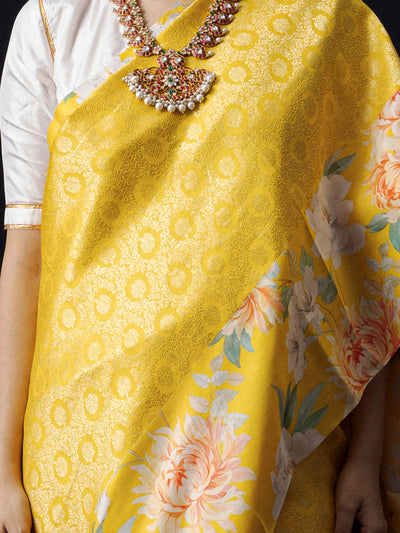 Bright yellow Kanjivaram floral print saree