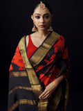 Black floral saree with golden zari border