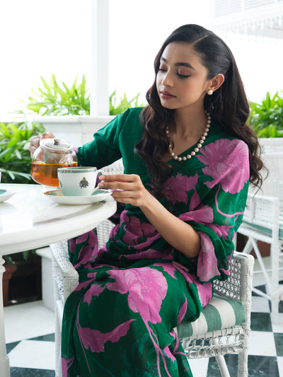Emerald Green abstract floral saree