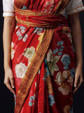 Red floral saree with golden zari border