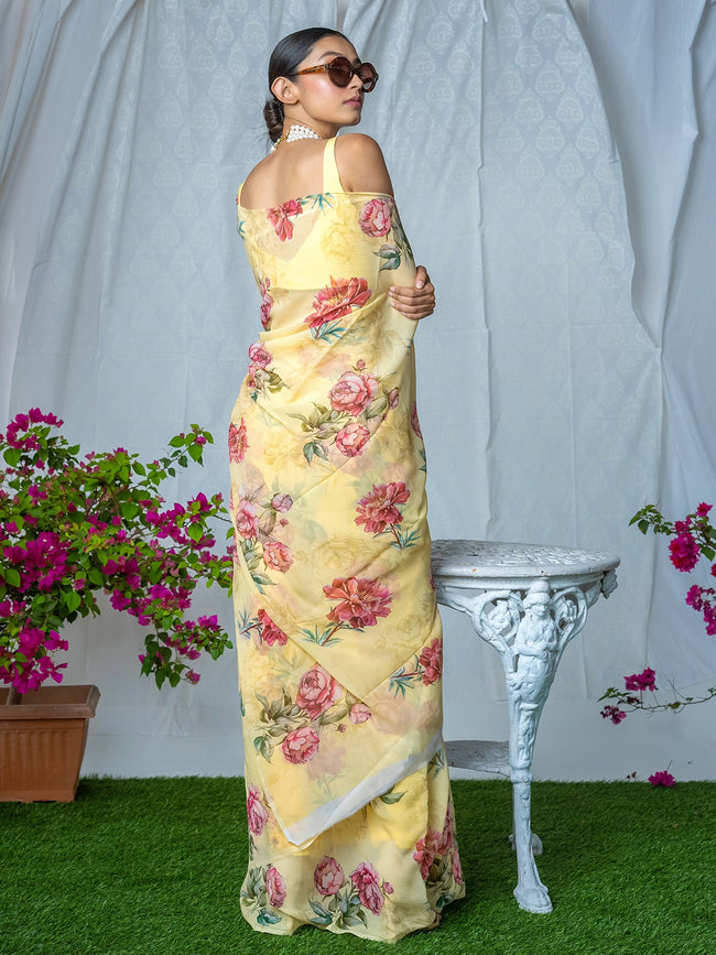 Pale yellow  floral saree set
