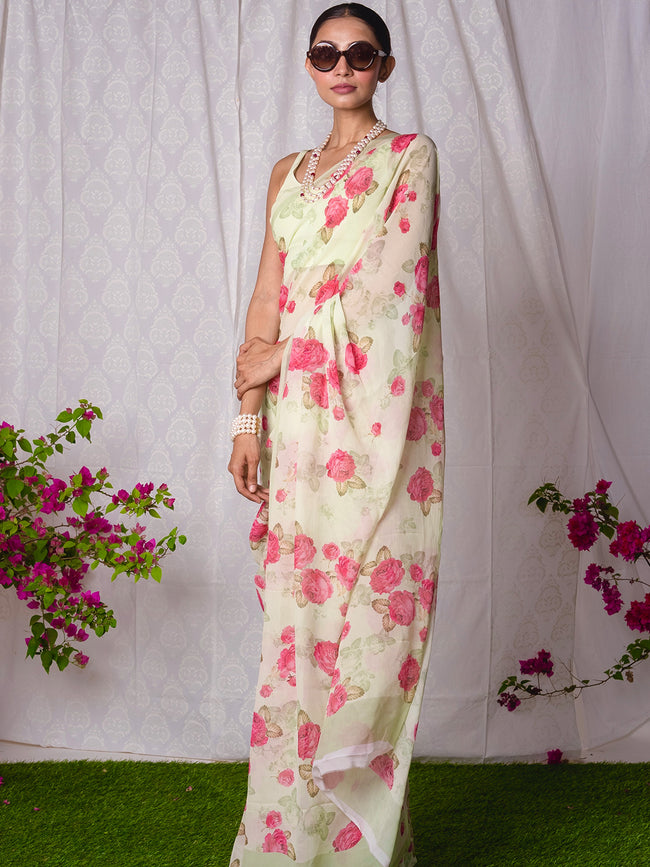 Pastel green floral saree set