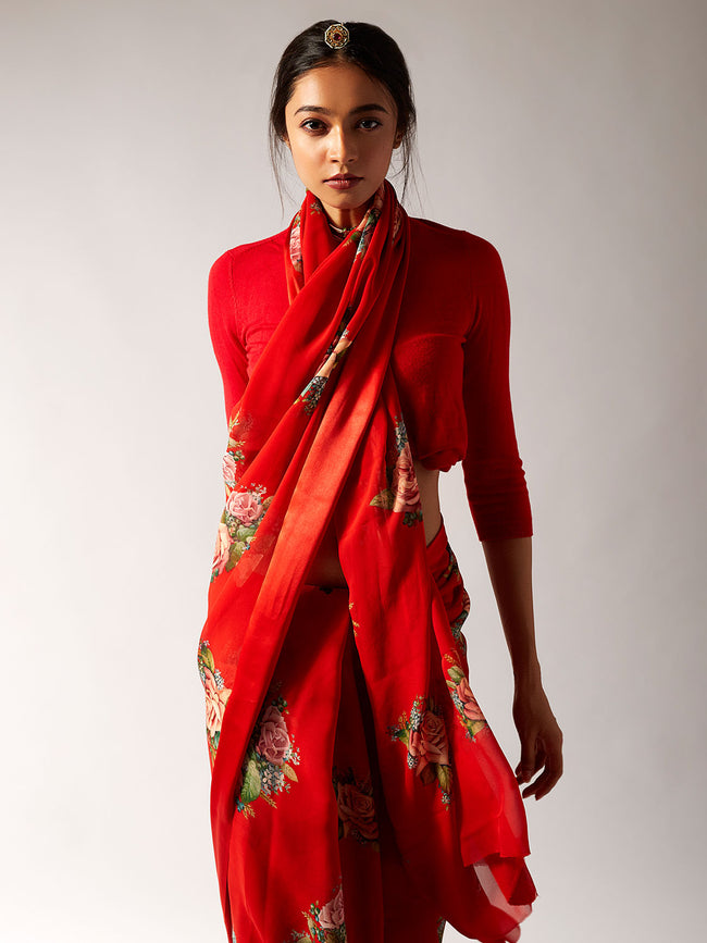 Bright red floral saree set