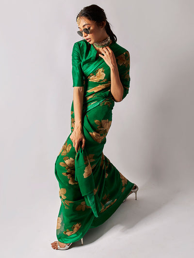 Emerald Green floral saree set