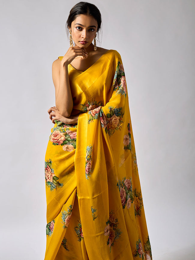Bright yellow floral saree set
