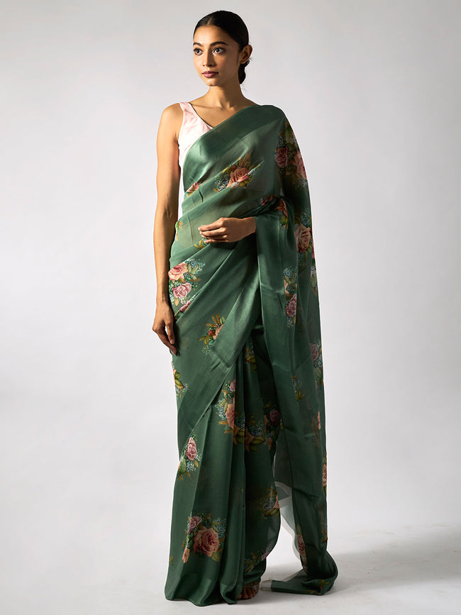 Dark Green floral saree set
