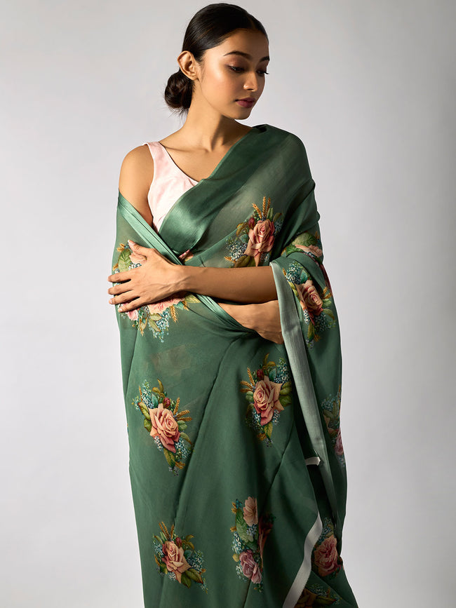Dark Green floral saree set