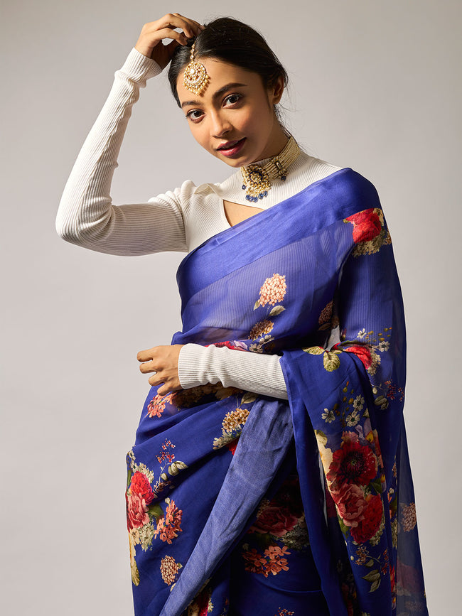 Deep blue floral saree set