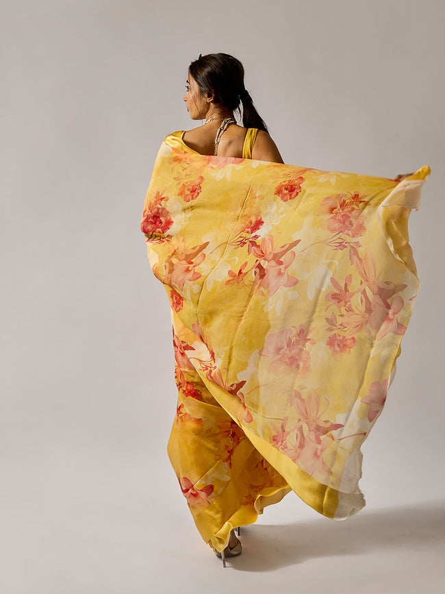 Pale yellow floral saree set