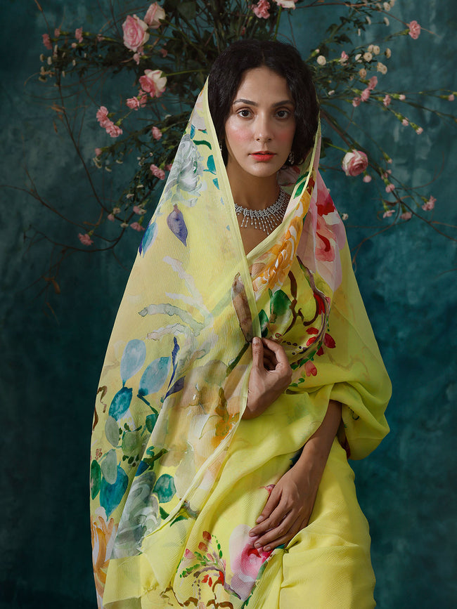 Yellow abstract floral saree set