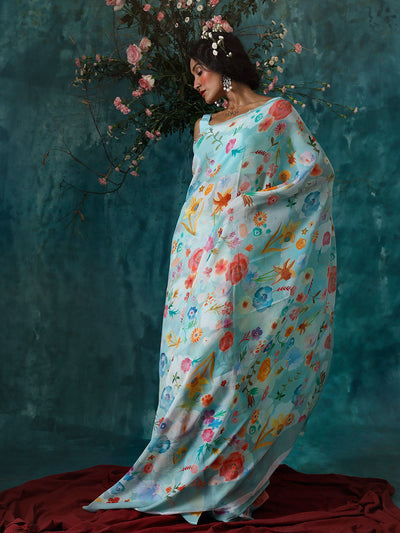 Sky blue abstract floral saree set