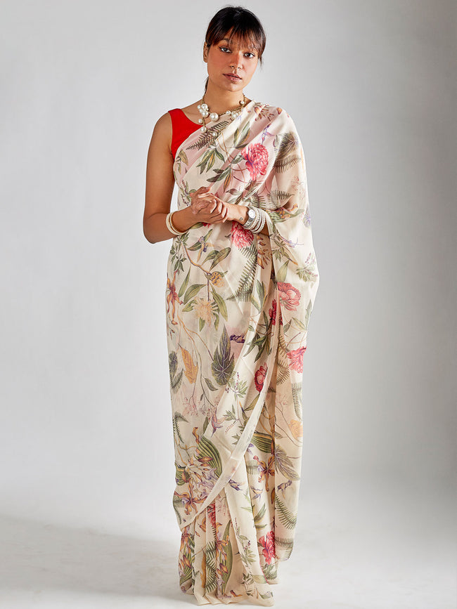Ivory multi coloured tropical saree set