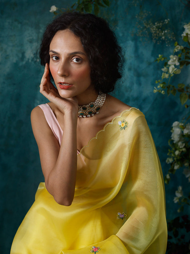 Yellow embroidery saree set