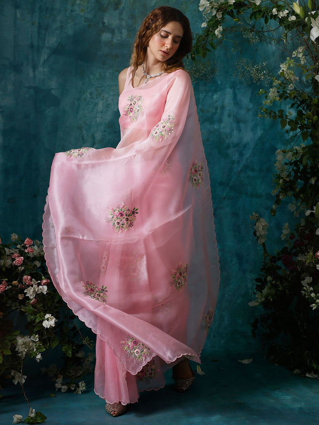 Pink embroidery saree set