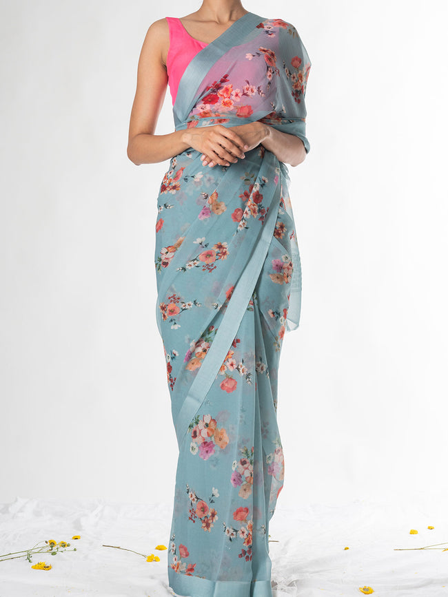Blue floral saree set