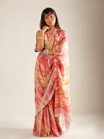 Multicolored geometric saree set