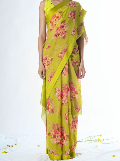 Lime green floral saree set