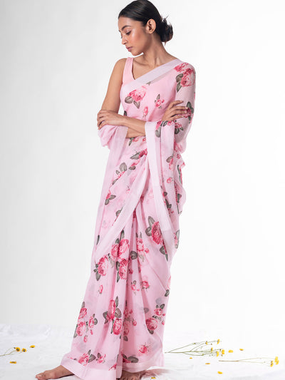 Baby pink floral saree set