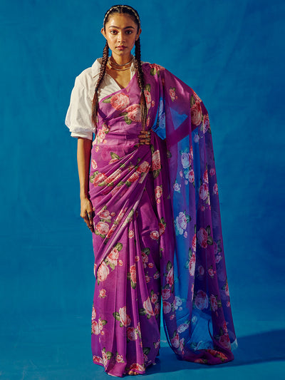 Deep purple floral saree set