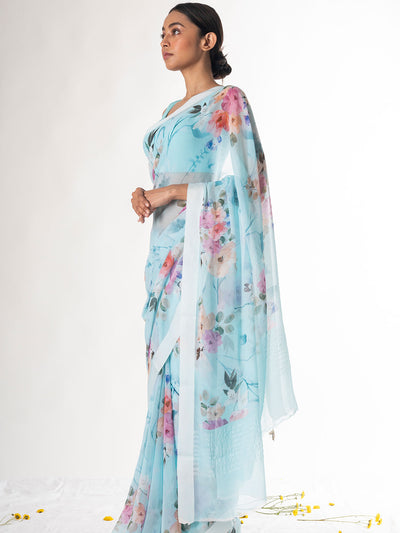 Sea blue floral saree set
